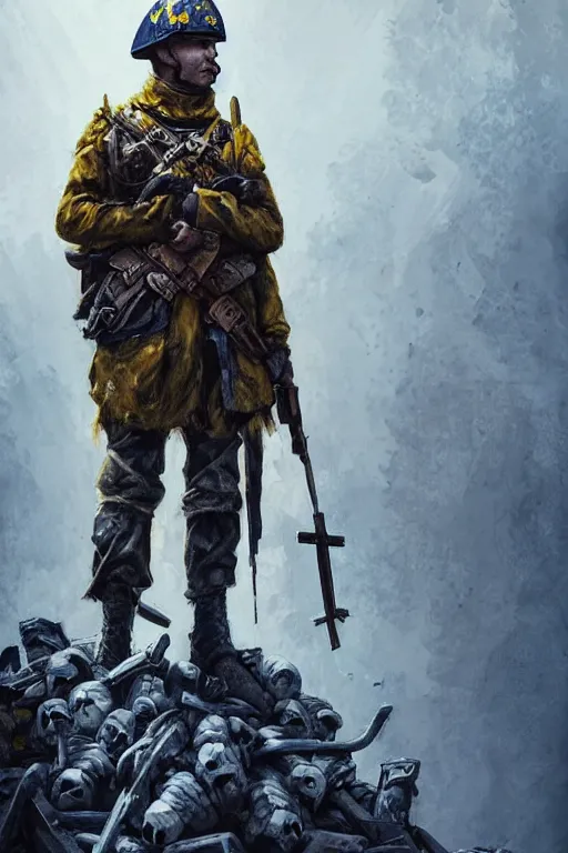 Image similar to a distant shot of a Ukrainian Battlefield 5 soldier with blue and yellow flag standing alone on a huge pile of skulls as a winner, masculine figure, D&D, fantasy, intricate, elegant, highly detailed, extremely detailed, digital painting, artstation, concept art, matte, sharp focus, symmetrical, illustration, art by Artgerm and Greg Rutkowski and Alphonse Mucha