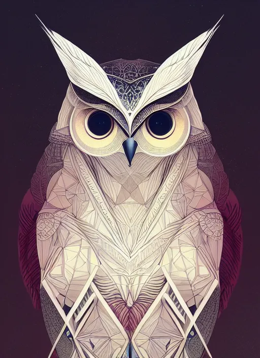 Image similar to portrait of a geometric owl, identical eyes, medium shot, illustration, full body made of white feathers, symmetrical, art stand, super detailed, cinematic lighting, and its detailed and intricate, gorgeous, by peter mohrbacher