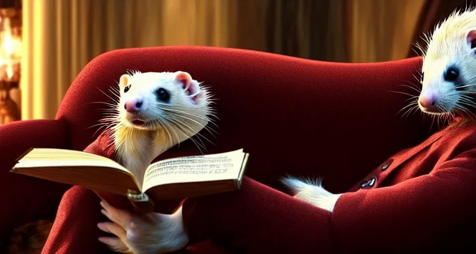 Prompt: An incredibly beautiful scene from a 2022 Marvel film featuring a humanoid ferret reading on a couch. An anthropomorphic ferret person. 8K UHD.