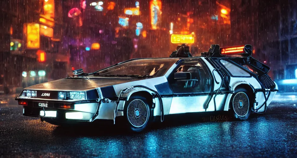 Image similar to a 2 8 mm closeup photo of a tela tron neon delorean back to the future car on wet city street at night, intricate, hyper detailed, smooth, high contrast, neon, volumetric lighting, octane, moebius, greg rutkowski, blade runner, ripley scott, mad max, cindmatic