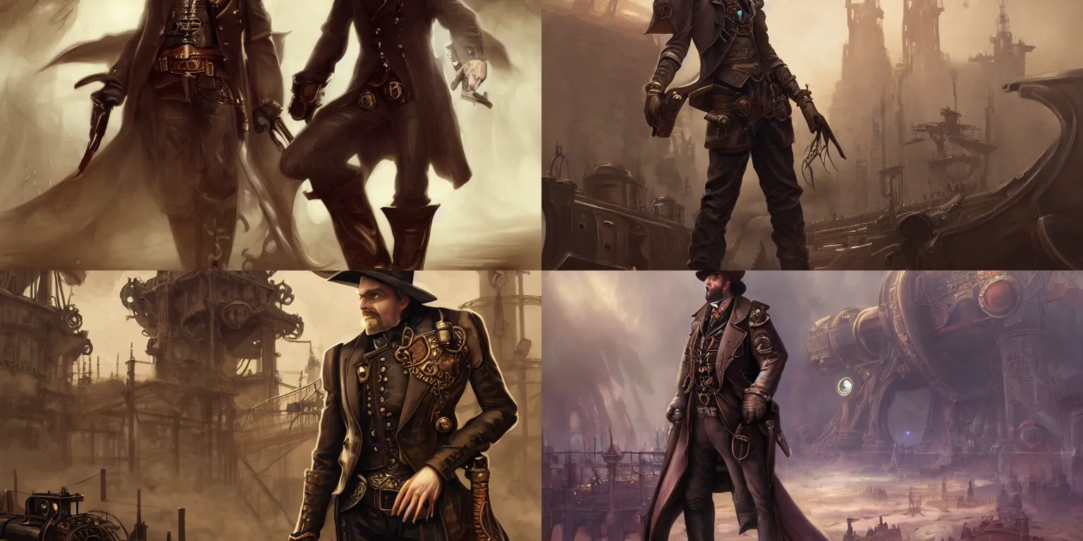 Prompt: full-length portrait of a noble gunslinger gentleman in hat in the center, holding arms on holsters , matte painting of steampunk spaceship on background, by tyler edlin and lindsey look, victorian, concept art, brutal, steam romance, steam-punk, detailed, 4k resolution, trending on artstation