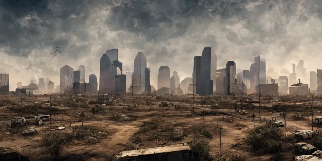 Prompt: Post apocalyptic houston texas matte painting concept art 4k