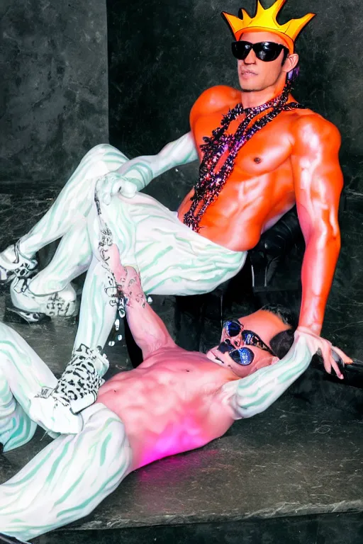 Image similar to full-body rococo and cyberpunk style neon statue of a muscular attractive Marc Anthony wearing cholo shades macho dotado e rico android sim roupa reclining con las piernas abertas e la piroca dura, ethereal white dripping tar, glowing orange lasers, pink tigers, glowing eyes, silver prince crown, black gears, pink diamonds, swirling mint-colored silk fabric. futuristic elements. full-length view. human skulls. large intricate artwork by caravaggio. Trending on artstation, octane render, cinematic lighting from the right, hyper realism, octane render, 8k, depth of field, 3D