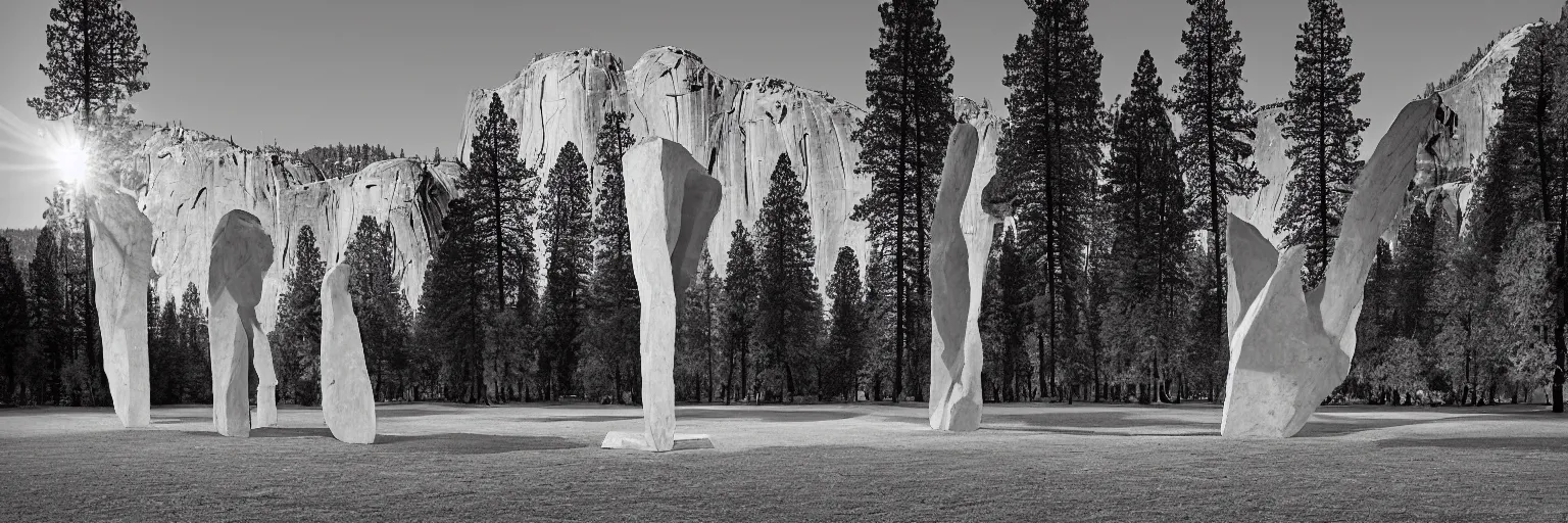 Prompt: to fathom hell or soar angelic, just take a pinch of psychedelic, medium format photograph of two colossal minimalistic necktie sculpture installations by antony gormley and anthony caro in yosemite national park, made from iron, marble, and limestone, granite peaks visible in the background, taken in the night