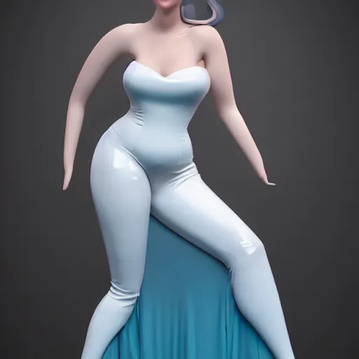 Image similar to an elegant curvy feminine pale goth cutie wearing an elaborate tight latex-nylon-leather white gown with cyan highlights, thin waist, tube-top dress, cgsociety, photorealistic, 16k, smooth, sharp focus, trending on ArtStation, volumetric lighting, worksafe, sublime-comforting-intriuging ambience