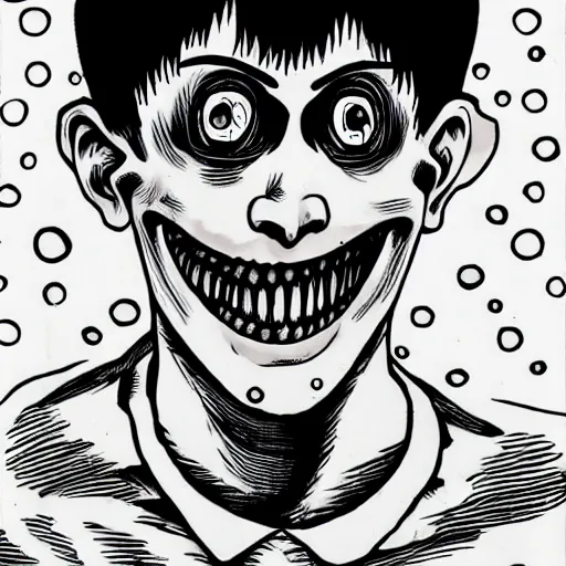 Image similar to smiling man, junji ito, creepy, unsettling,