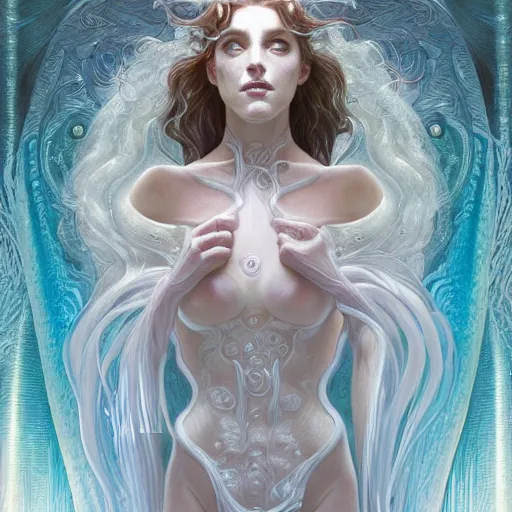 Image similar to a photograpic portrait of a anthropomorphic bioluminescent water wave wearing white clothes, fantasy, intricate, elegant, highly detailed, digital painting, artstation, concept art, smooth, sharp focus, illustration, art by artgerm and H R Giger and alphonse mucha