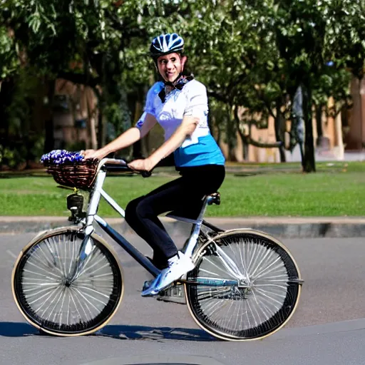Prompt: esperanza macarena from seville riding a bicycle