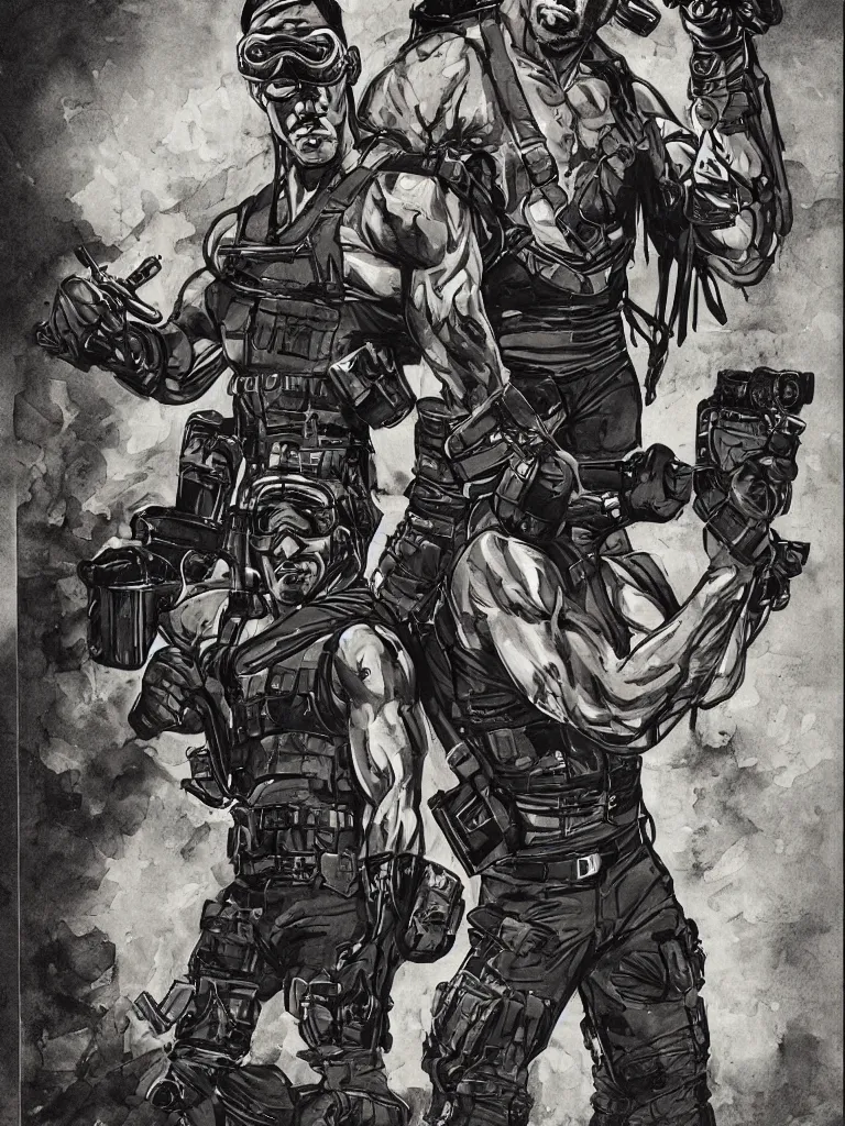 Prompt: muscular man, black vest with no shirt underneath, goggles around his neck, cargo pants, ammo belt, holding a blaster, long black hair in a ponytail, five o' clock shadow, comic book art