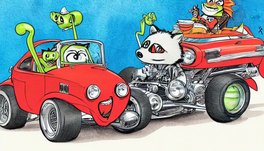 Image similar to funny, comic book style, racoon riding in a tiny hot rod coupe with oversized engine, ratfink style by ed roth, centered award winning watercolor pen illustration, by chihiro iwasaki, edited by range murata