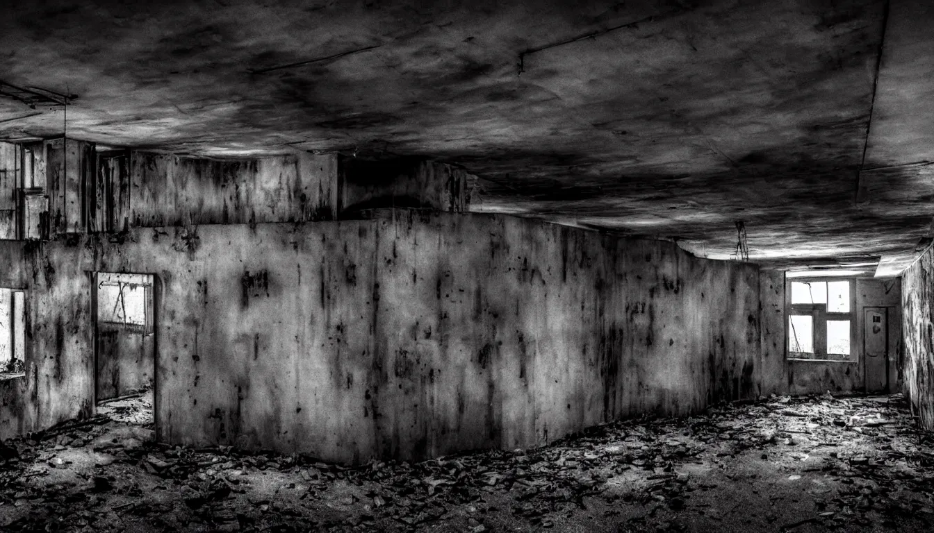 Image similar to haunted abandoned atomic nuclear bunker, dark, atmospheric, scary, claustrophobic, ambient vibe, very detailed, black and white, 4 k