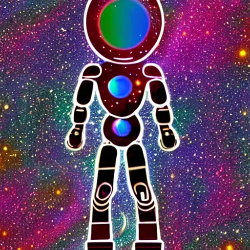 Image similar to sentient robot comprised of star dust and galaxies with a meteor belt halo, rainbow diffraction, anime, vhs distortions