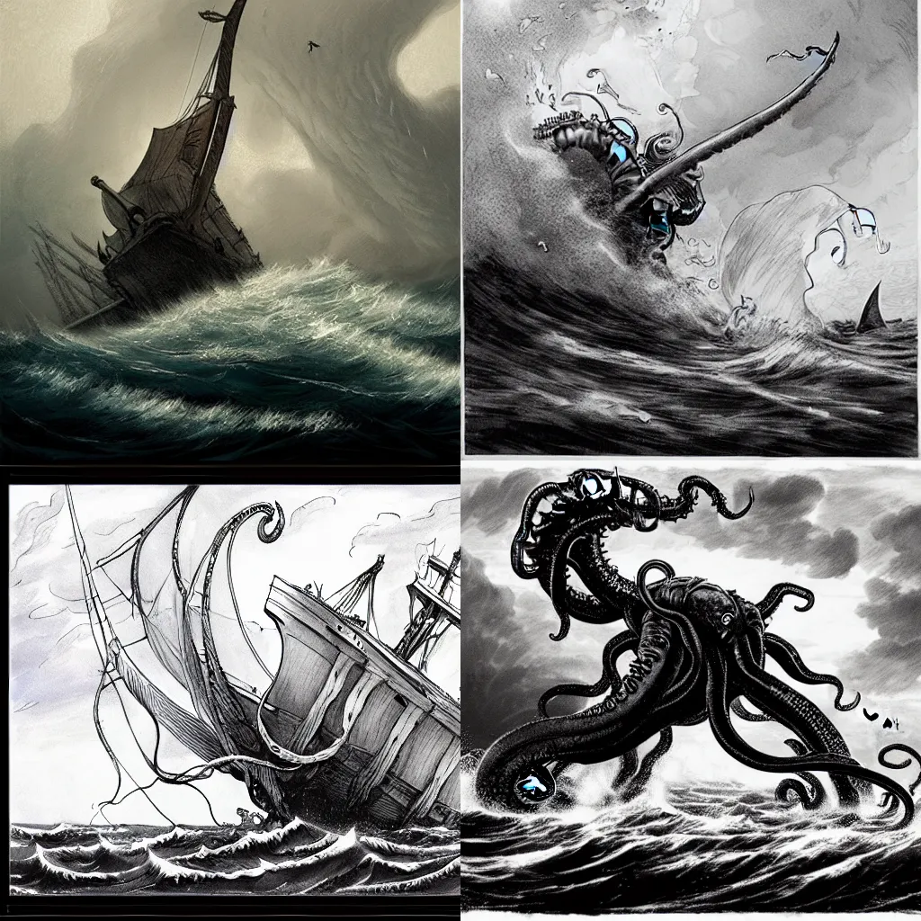 Prompt: in the style of Abigail Larson, kraken attacking a large ship, tentacles wrapped around boat, crew panicking, rough waters, overcast, large waves, stormy seas