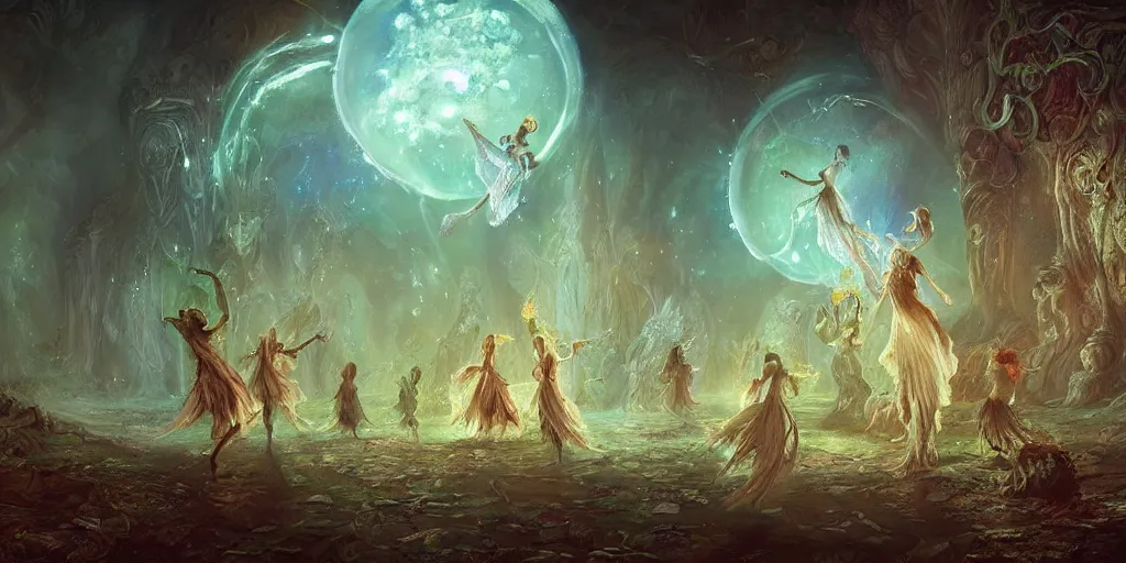 Prompt: concept art of translucent glowing fairies dancing, lovecraftian, renaissance, melting, round moon, rich clouds, fighting the horrors of the unknown, very detailed, volumetric light, mist, fine art, decaying, textured oil over canvas, epic fantasy art, very colorful, ornate intricate scales