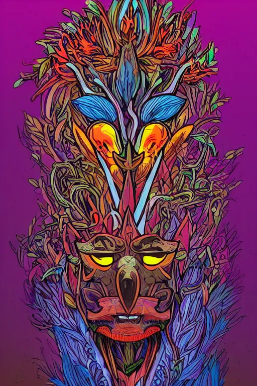 Image similar to animal mask totem roots flower tribal feather gemstone plant wood rock shaman vodoo video game vector cutout illustration vivid multicolor borderlands comics by josan gonzales and dan mumford radiating a glowing aura