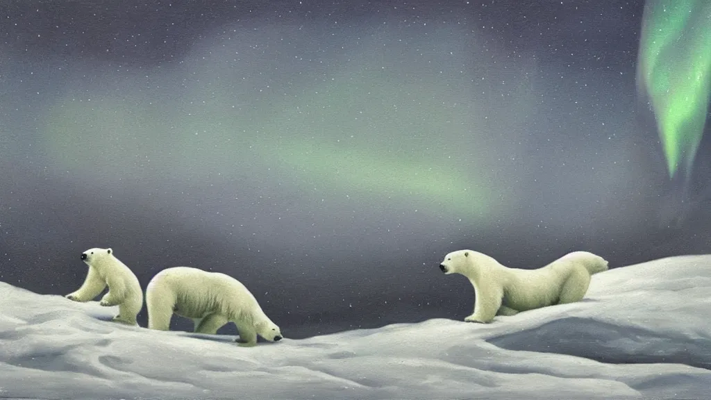 Image similar to an oil painting of a polar bear traversing a snowy landscape at night, the northern lights and the moon are visible