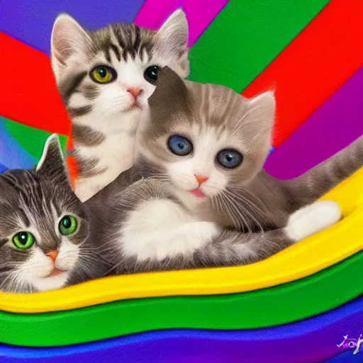 Prompt: kitties sliding down a rainbow