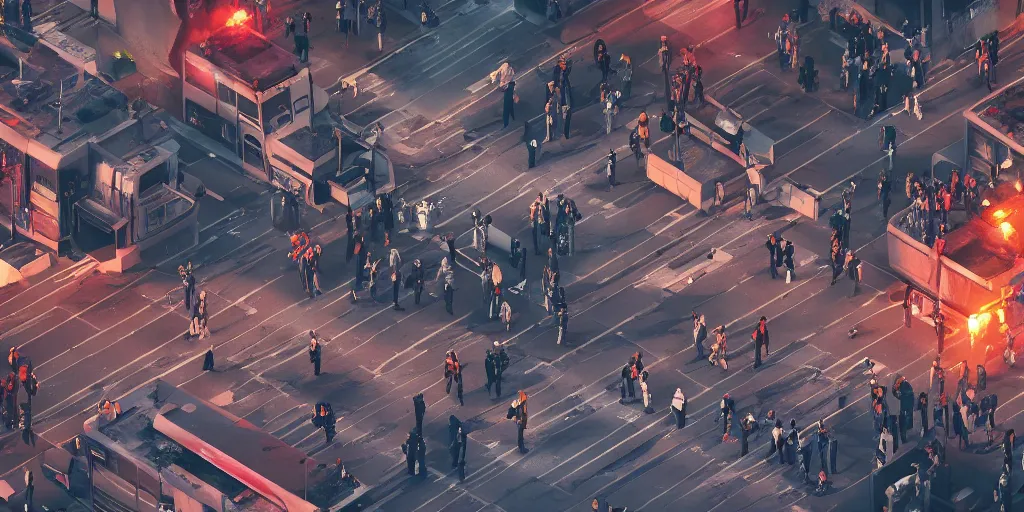 Image similar to aerial isometric photo, riot in a cyberpunk city, police use special equipment against the crowd on a square, high detail art, evening, police sirens in smoke, dark environment