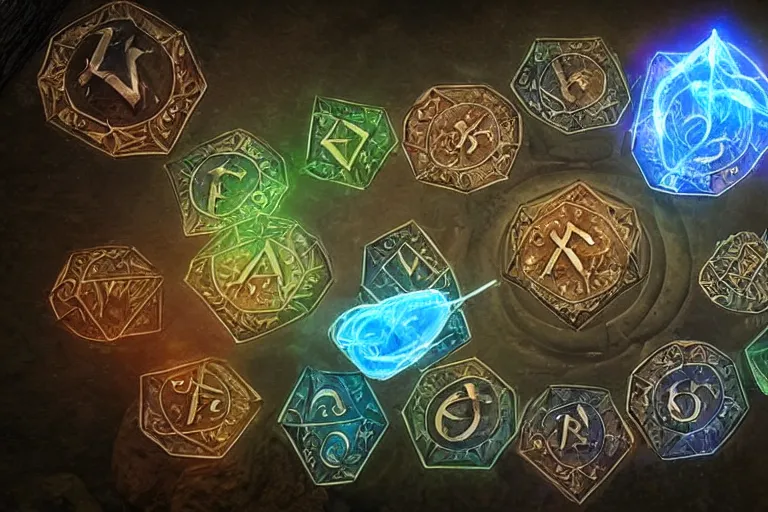 Image similar to A powerful Sorcerer draws magic glowing runes in the air, enchanting objects with glyph magic, D&D fantasy setting, 4k