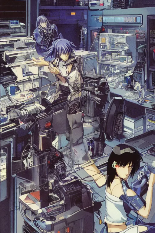 Image similar to hyperdetailed cyberpunk anime illustration of motoko kusanagi in lab getting repaired, by masamune shirow and katsuhiro otomo
