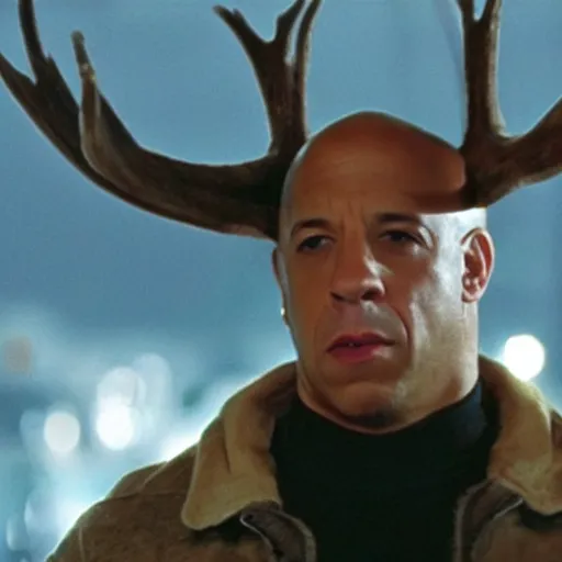 Prompt: Vin Diesel wearing moose antlers staring out of his car, movie scene from fast and the furious