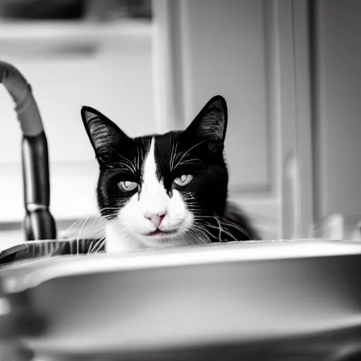 Prompt: black and white cat washing dishes, dslr photo