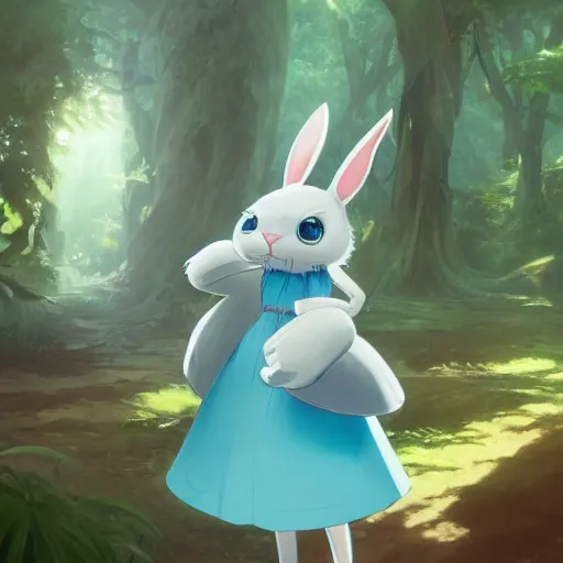 Image similar to concept art painting of an anthropomorphic white rabbit wearing a turquoise dress, in the deep forest, realistic, detailed, cel shaded, in the style of makoto shinkai and greg rutkowski and james gurney