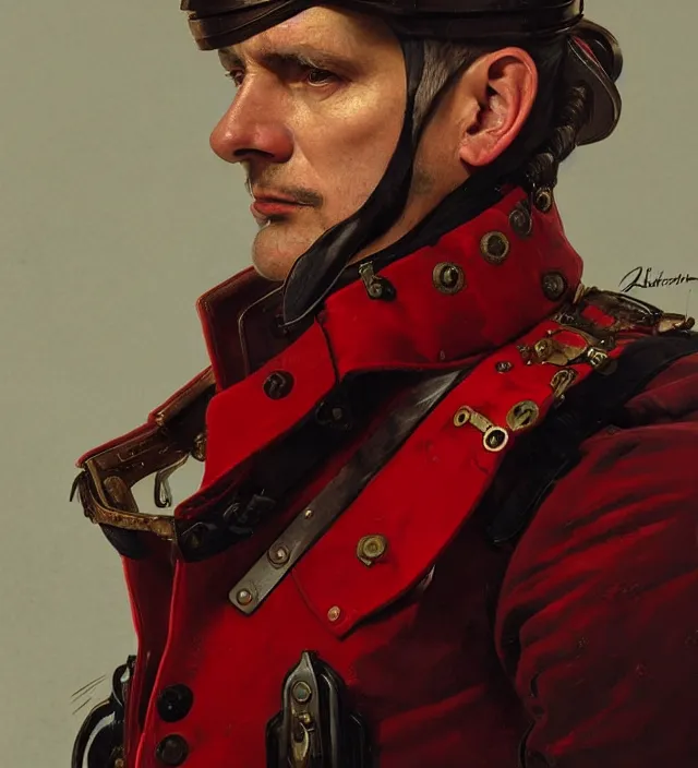 Prompt: portrait of a german man wearing a red and black traditional nineteenth century military jacket, metal shoulder pauldrons, highly detailed, digital painting, artstation, concept art, sharp focus, cinematic lighting, illustration, art by artgerm and greg rutkowski, alphonse mucha, cgsociety