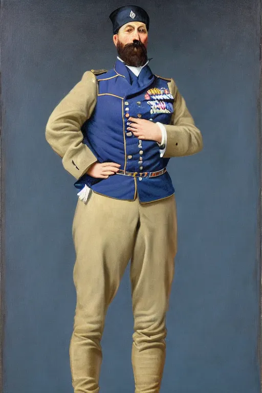 Image similar to full body portrait of the dictator of the minnesota timberwolves, 1 8 8 9, in full military garb, midnight blue, lake blue, moonlight grey and aurora green, oil on canvas by william sidney mount, trending on artstation