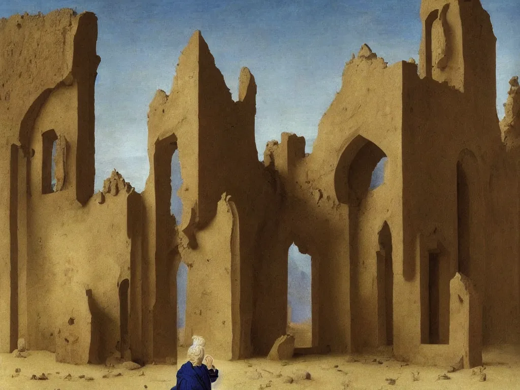 Image similar to albino mystic, with his back turned, looking in the distance at a ruins of a mosque in the sand desert. Painting by Jan van Eyck, Caspar David Friedrich, Rene Magritte, Agnes Pelton, Max Ernst, Walton Ford