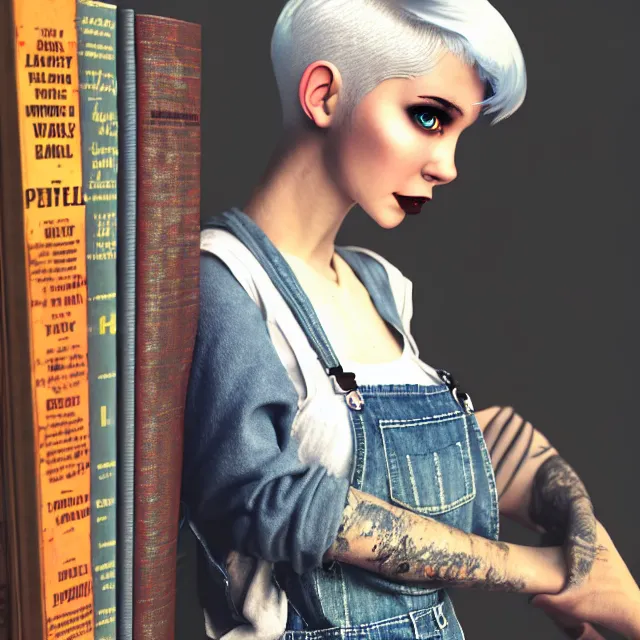 Image similar to full body pose, beautiful adult book fairy, pixar, short white hair shaved sides, dirty, grungy, grunge, long sleeve, painted overalls, stacks of giant books, highly detailed, 4 k, hdr, smooth, sharp focus, high resolution, award - winning photo, artgerm, photorealistic