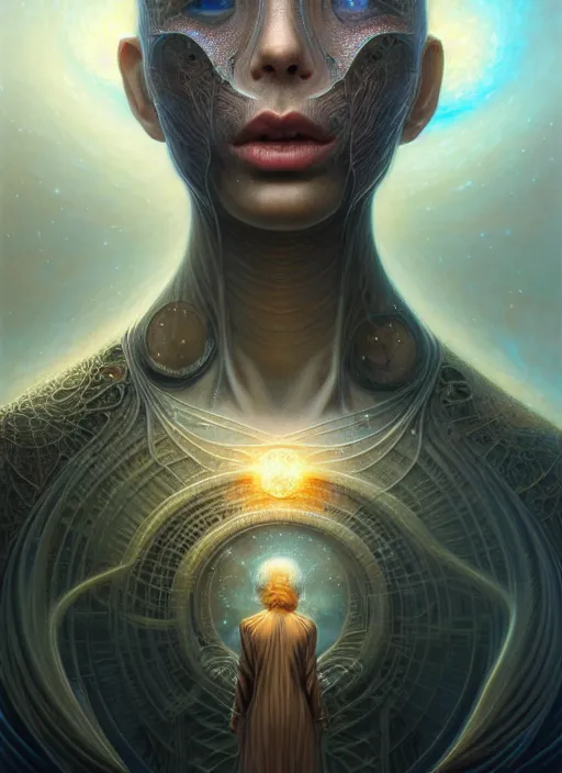 Image similar to closeup portrait shot of a cosmic human thought in a scenic dystopian environment, intricate, elegant, highly detailed, centered, digital painting, artstation, concept art, smooth, sharp focus, illustration, artgerm, tomasz alen kopera, peter mohrbacher, donato giancola, joseph christian leyendecker, wlop, boris vallejo