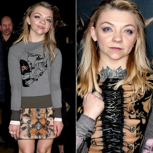 Image similar to natalie dormer with tattoos wearing miniskirt and fox - tail doing a handstand, sweaty, full - body