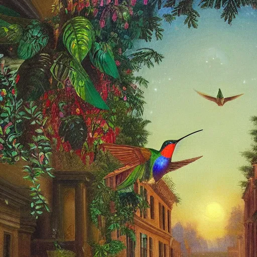 Image similar to many jewel colored hummingbirds with milky eyes hovering around plants in a renaissance architecture city street at night with rainforest greenery, hudson river school style, illustration, bright colors