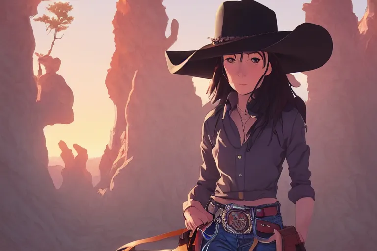 Image similar to western cowgirl in the badlands, single subject, scenic full shot, ambient lighting, detailed face, by makoto shinkai, stanley artgerm lau, wlop, rossdraws