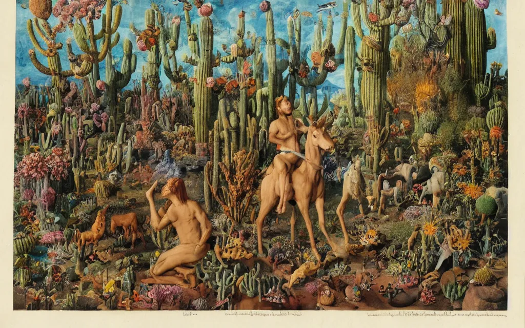 Prompt: photograph of a meditating centaur shaman and a striped werewolf feeding animals. surrounded by bulbous flowers, animals and a few trees and cacti. river delta with cliffs under a blue sky of burning stars. painted by jan van eyck, max ernst, ernst haeckel, ernst fuchs and artgerm, trending on cgsociety, gouache