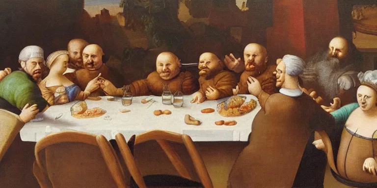 Prompt: a painting of a bunch of fat people sitting around a table, having brunch, in a style of leonardo davinci