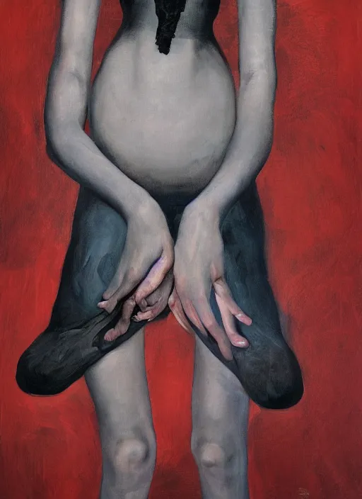 Prompt: portrait of annasophia robb standing on her knees, frozen cold stare, mouth open in shock and bliss, blood red background, transparent gray skirts, stockings, crows swarming trapped in the void as a symbol of death, in style of surrealism of Francis Bacon painting, Ilya Kuvshinov, John Singer Sargant, impasto textures of Chaim Soutine and Frank Auerbach, American Gothic, Japanese Gothic,