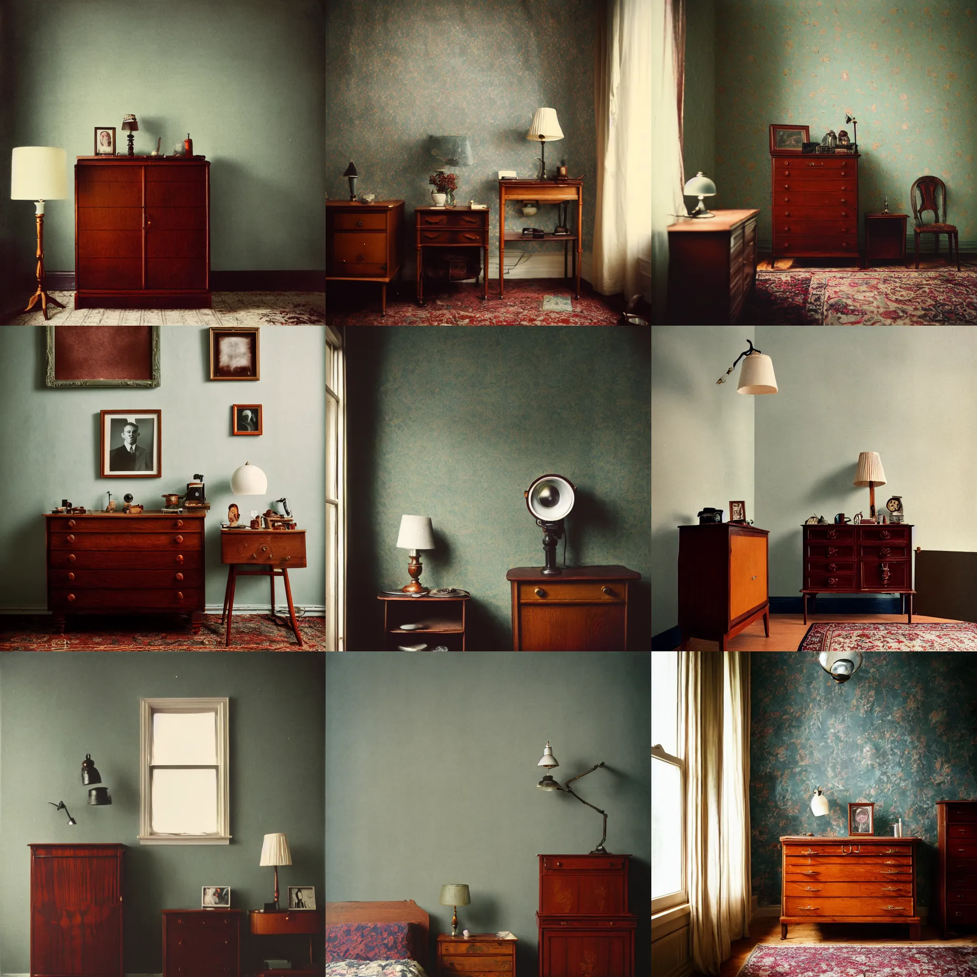 Image similar to kodak portra 4 0 0, wetplate, fisheye, award - winning portrait photo by britt marling, 1 9 2 0 s room, picture frames, 1 9 2 0 s furniture, wallpaper, carpet, shining lamp,, muted colours, blueberry, wood, fog,