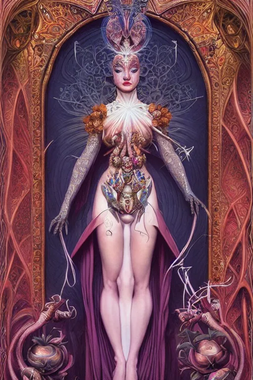 Image similar to symmetrical painting, a fullbody portrait of an beautiful female immortal in amazing dress, pretty, perfect face, elegant, ornate, luxury, elite, matte painting, by artgrem, by james jean, by brian froud, by wayne barlowe