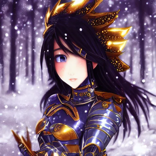 Image similar to focus face portrait of beautiful darkness knight 3D anime girl, golden armor wearing, dark forest background, snowing, bokeh, inspired by Masami Kurumada, digital painting, high contrast, unreal engine render, volumetric lighting, high détail