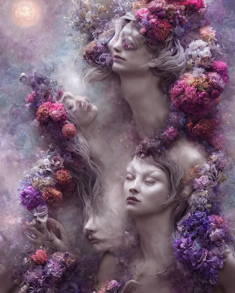 Image similar to a sculpture of interlaced gorgeous etherial females, made of mist, made of flowers, a digital painting, Andrew Ferez, Charlie Bowater, Marco Mazzoni, Seb McKinnon, Ryohei Hase, Alberto Seveso, Kim Keever, trending on cgsociety, featured on zbrush central, new sculpture, mystical