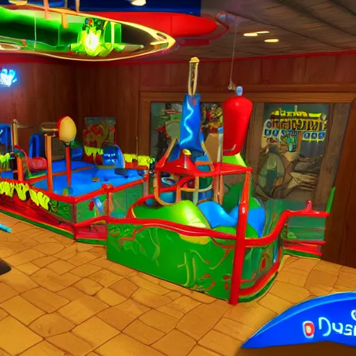 Image similar to gameplay screenshot of a mcdonald's playplace in elden ring