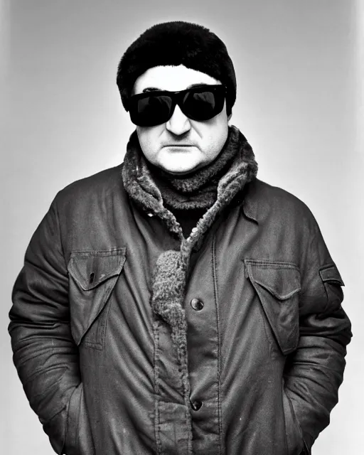 Image similar to headshot of john belushi wearing a russian trapper soviet ushanka bomber hat knitted leather earflap fur lined winter cap and aviator goggles, he is also wearing an a 2 flight jacket, a long white scarf is wrapped around his neck, he has a 5 o'clock shadow, a crazed angry look on his face