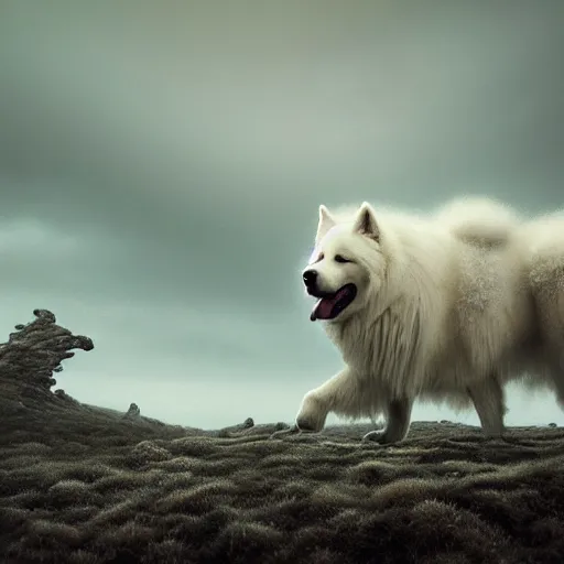 Image similar to giant sleeping ( ( ( ( samoyed ) ) ) ) creature creature in a tundra landscape, dramatic lighting, moody : : by michal karcz, daniel merriam, victo ngai and guillermo del toro : : ornate, dynamic, particulate, intricate, elegant, highly detailed, centered, artstation, smooth, sharp focus, octane render, 3 d