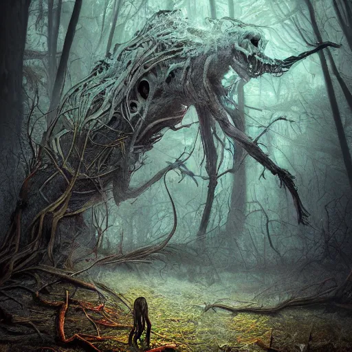 Prompt: a terrifying creature found in the woods, 🌱, by jiri trnka, digital painting, ultra realistic, dramatic lighting, thick black swirling smoke tornado, artstation