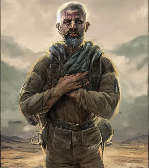 Image similar to portrait of muscular, tired and alcoholic 3 0 - year - ol 5 grieving man with short darkblonde hair, serious sad look in his eyes, looking down, dirty beard, blue eyes, crying tears, wearing dirty soldier uniform, on the desert, sad atmosphere, hyper realistic face, character art, art by mark brooks, cryengine, trending on artstation, digital art