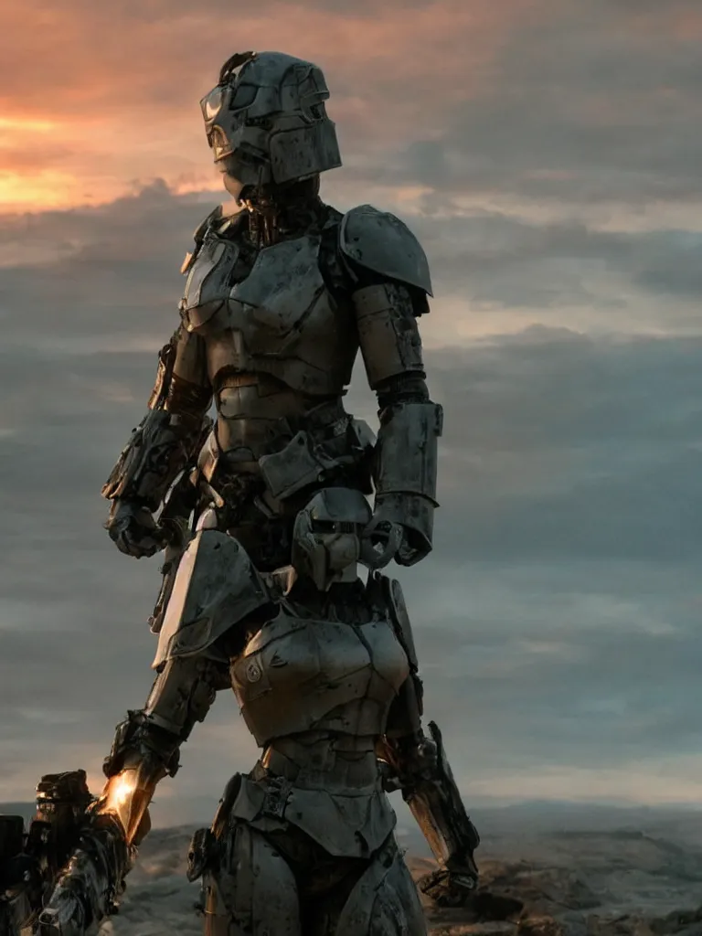 Image similar to emily blunt in futuristic power armor, standing atop a hill, holding a sword, edge of tomorrow, angel of verdun, sunset