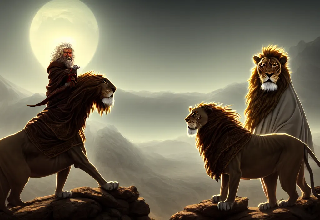 Image similar to alnaqua a hooded wise old man with a long white beard wearing a brown hooded tunic riding on top of a lion, the man riding is on the lion, the wise man is riding on top, majestic, epic digital art, cinematic, trending on artstation, superb detail 8 k, wide - angle, masterpiece