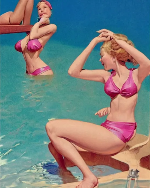 Image similar to tuesday weld in a pink bikini, tuesday weld half immersed in water in a palm springs midcentury swimming pool by gil elvgren, by mort kunstler, by basil gogos